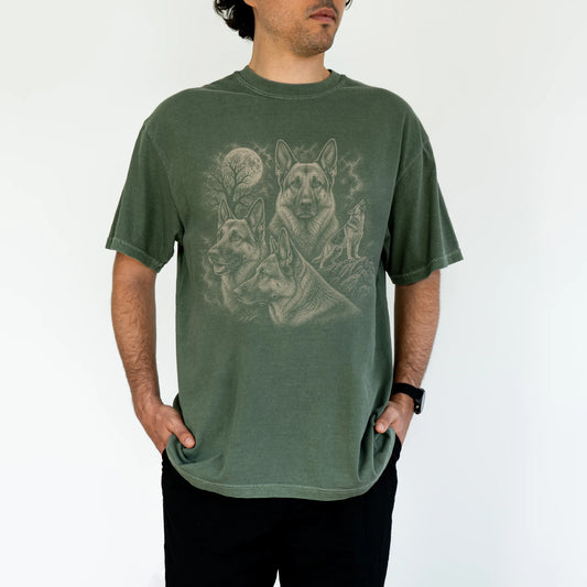 Model wearing a Moss Comfort Colors® T-shirt with a vintage moon montage featuring German Shepherd