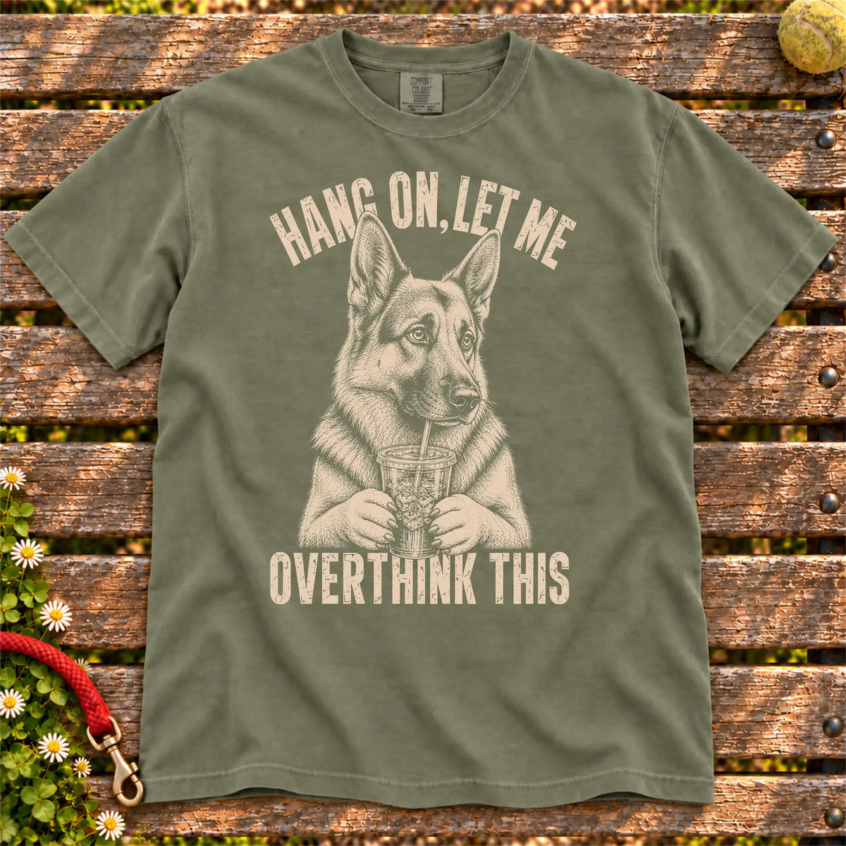 Overthinking German Shepherd design on a Moss Comfort Colors T-shirt, shown flat