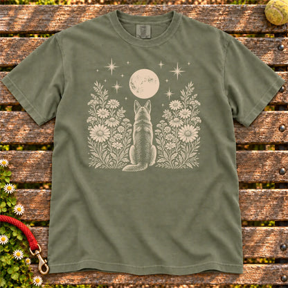German Shepherd Moon Garden on a Moss T-shirt, shown flat
