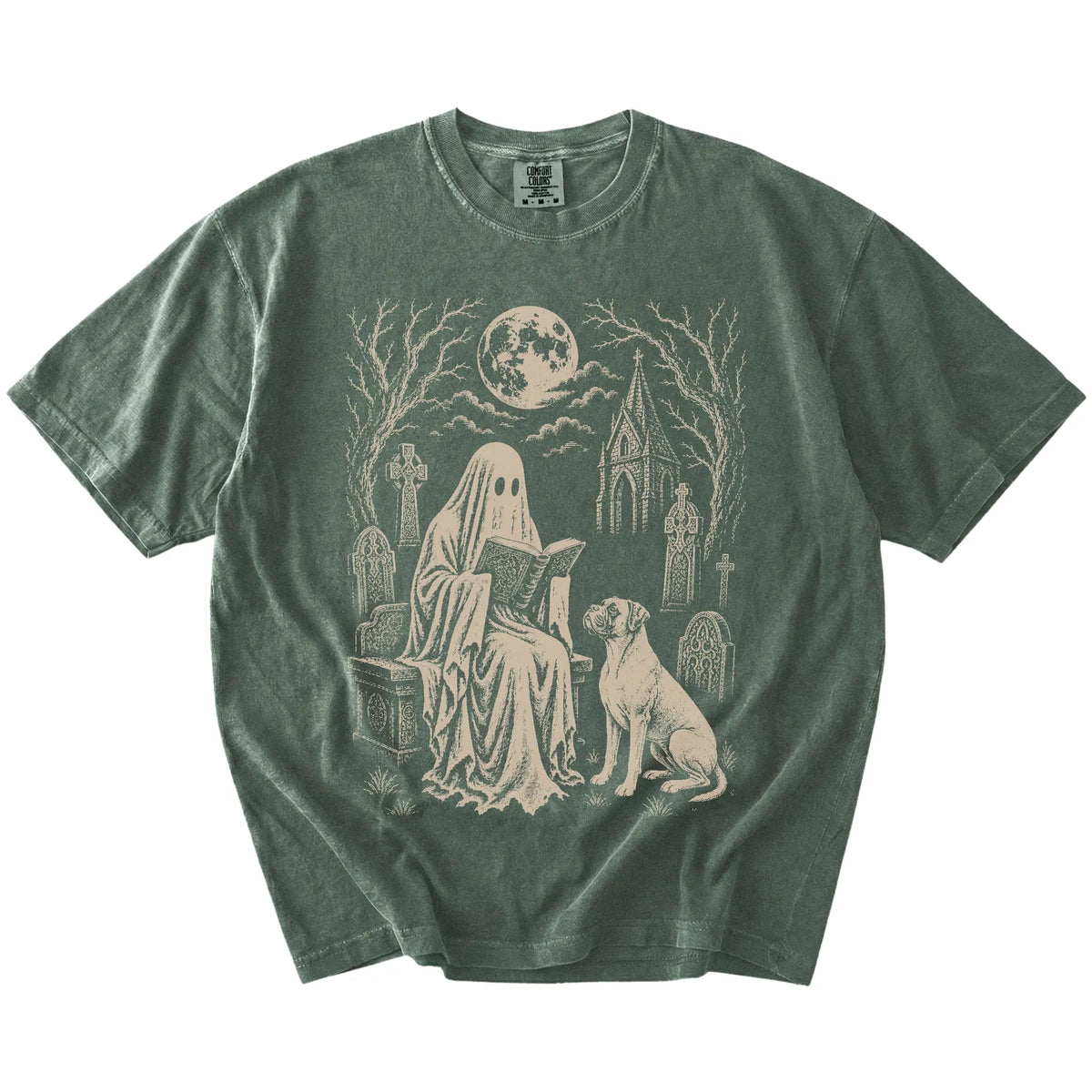 Boxer beside a reading ghost in a moonlit graveyard on a Moss Comfort Colors® T-shirt
