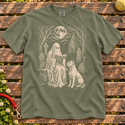 Cane Corso beside a reading ghost in a moonlit graveyard on a Moss Comfort Colors® T-shirt