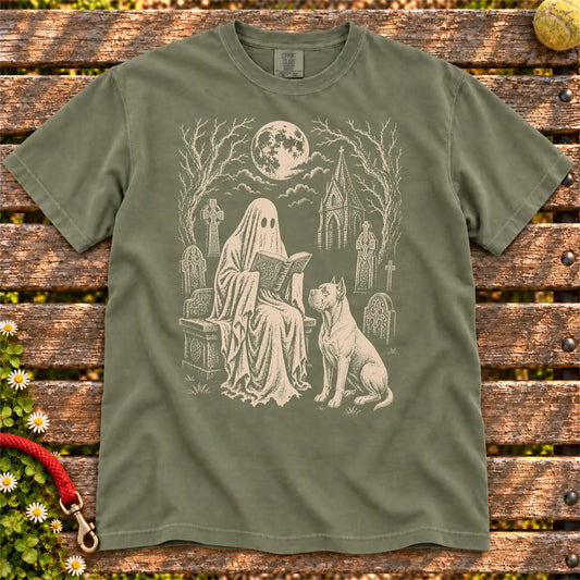Cane Corso beside a reading ghost in a moonlit graveyard on a Moss Comfort Colors® T-shirt