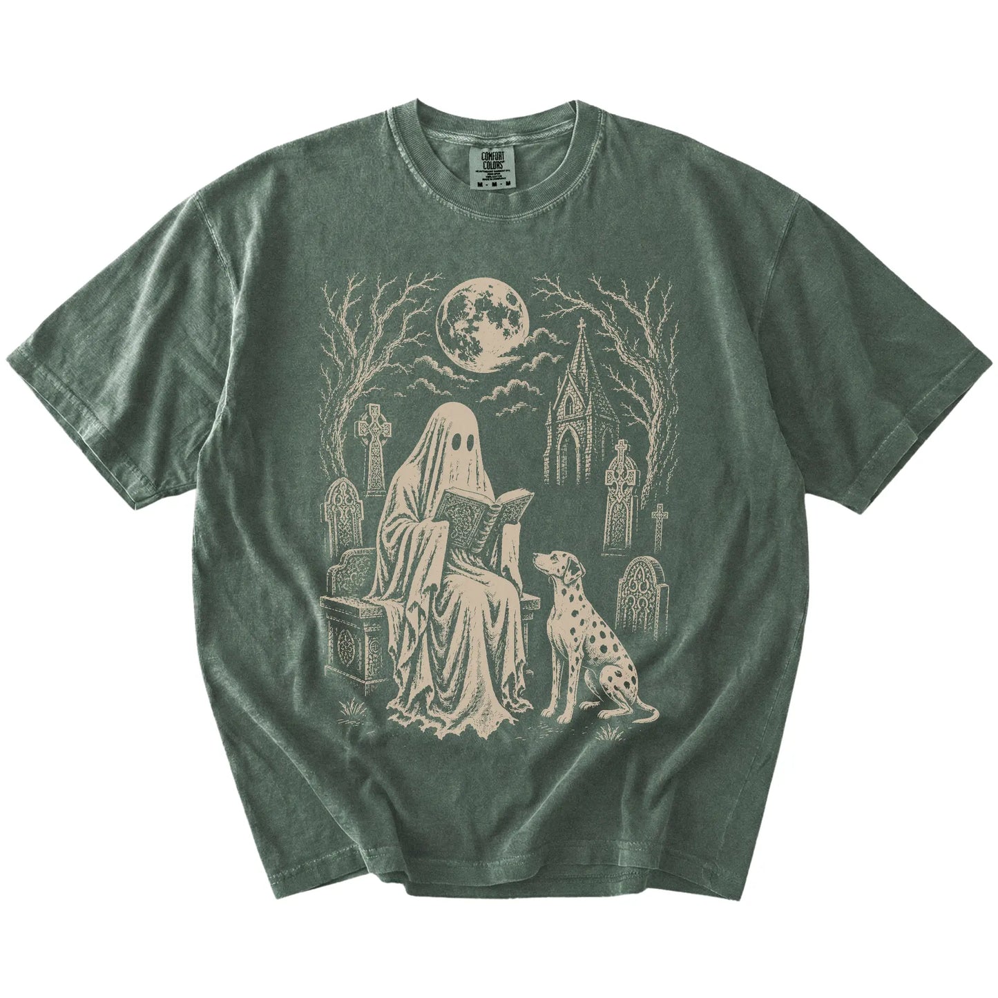 Dalmatian beside a reading ghost in a moonlit graveyard on a Moss Comfort Colors® T-shirt