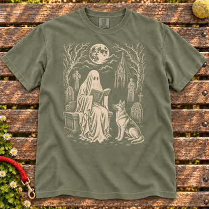 German Shepherd beside a reading ghost in a moonlit graveyard on a Moss Comfort Colors® T-shirt