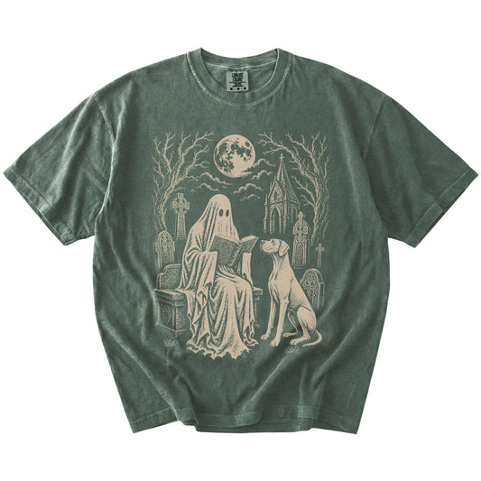 Great Dane beside a reading ghost in a moonlit graveyard on a Moss Comfort Colors® T-shirt