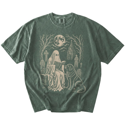 Newfie beside a reading ghost in a moonlit graveyard on a Moss Comfort Colors® T-shirt