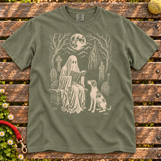 Pointer beside a reading ghost in a moonlit graveyard on a Moss Comfort Colors® T-shirt