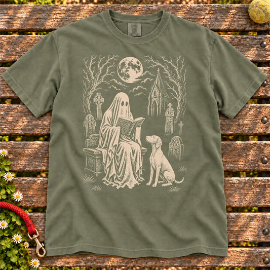 Vizsla beside a reading ghost in a moonlit graveyard on a Moss Comfort Colors® T-shirt