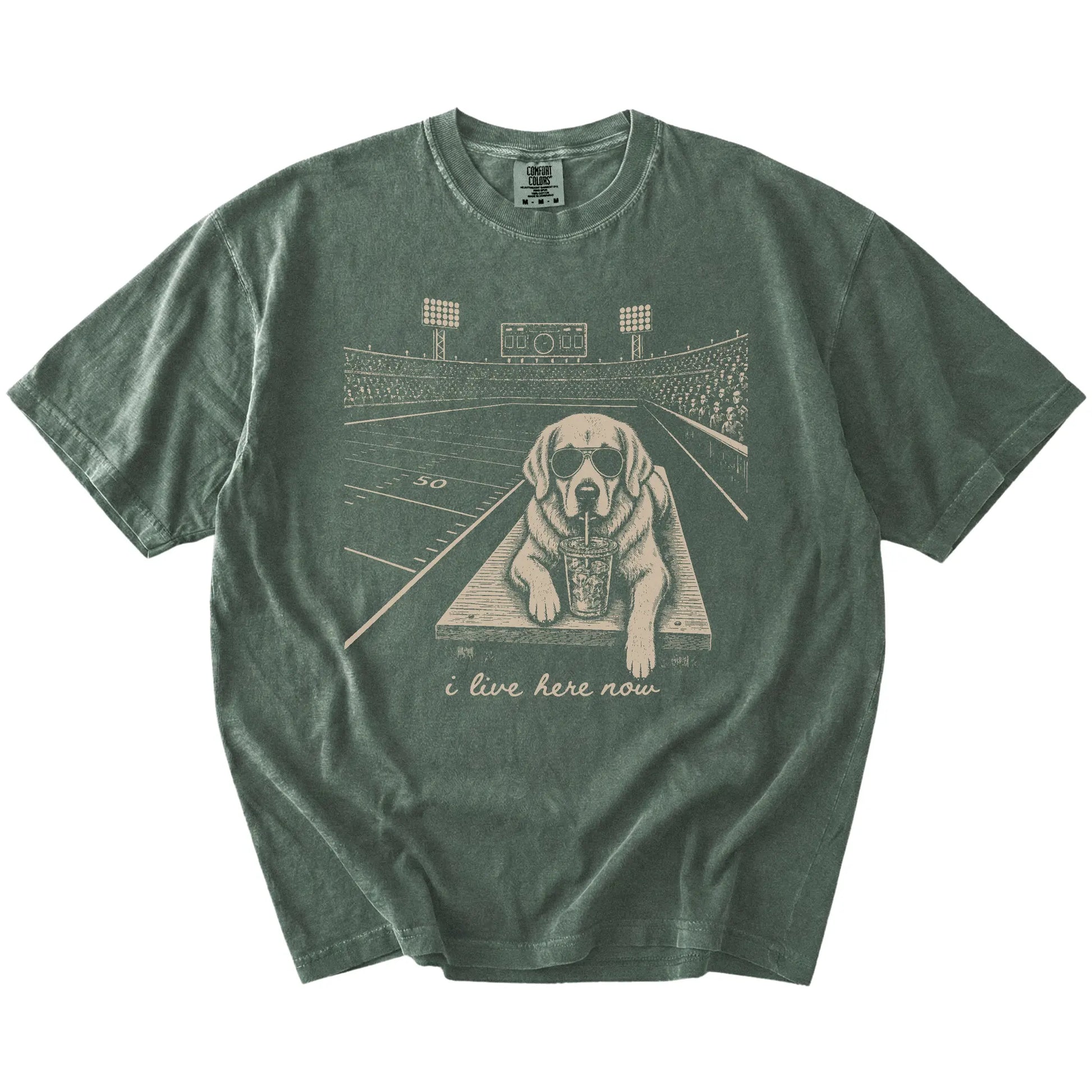 Golden Retriever ready for football and tailgate season on a Moss Comfort Colors® T-shirt