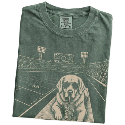 Folded Moss Comfort Colors® T-shirt showing Golden Retriever ready for football and tailgate season