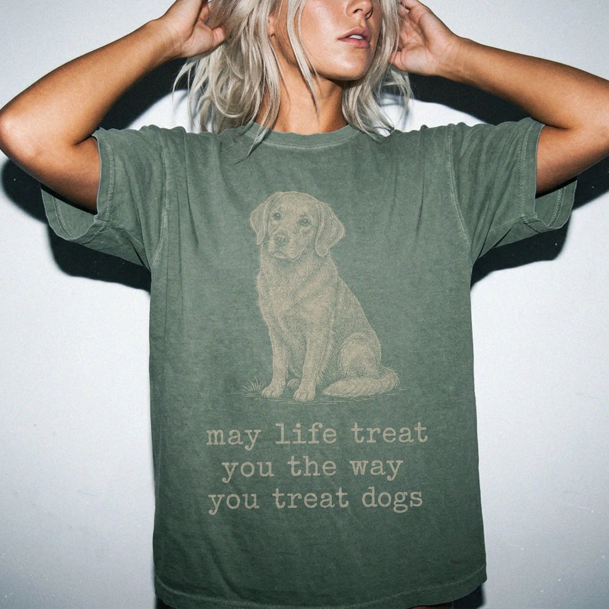 Woman wearing a Moss Golden Retriever Karma T-Shirt