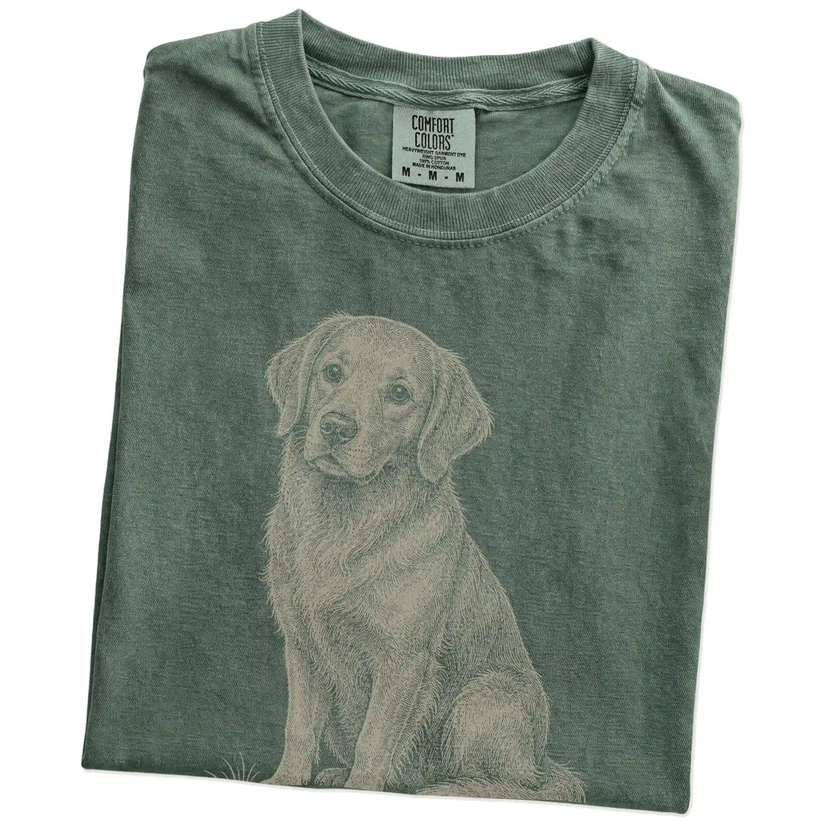 Folded Moss Golden Retriever Karma T-Shirt showing the graphic