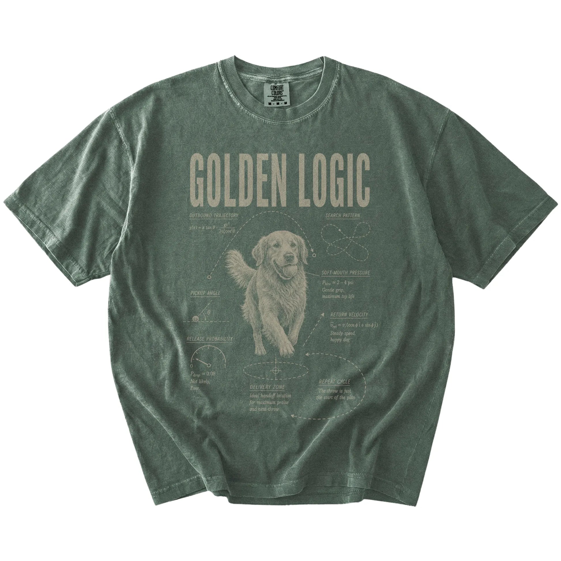 Moss Golden Retriever Logic T-Shirt laid flat