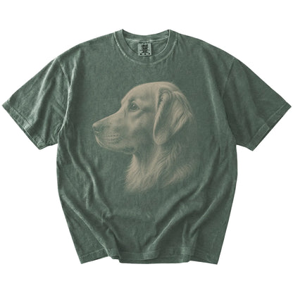 A detailed photographic portrait of a Golden Retriever on a Moss Comfort Colors® T-shirt