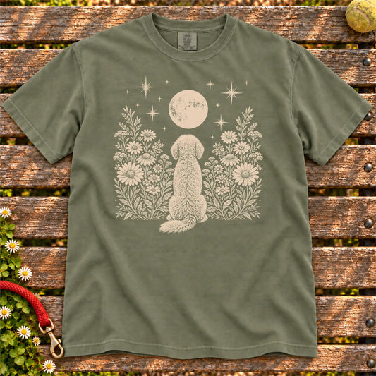Goldendoodle Moon Garden on a Moss T-shirt, shown flat