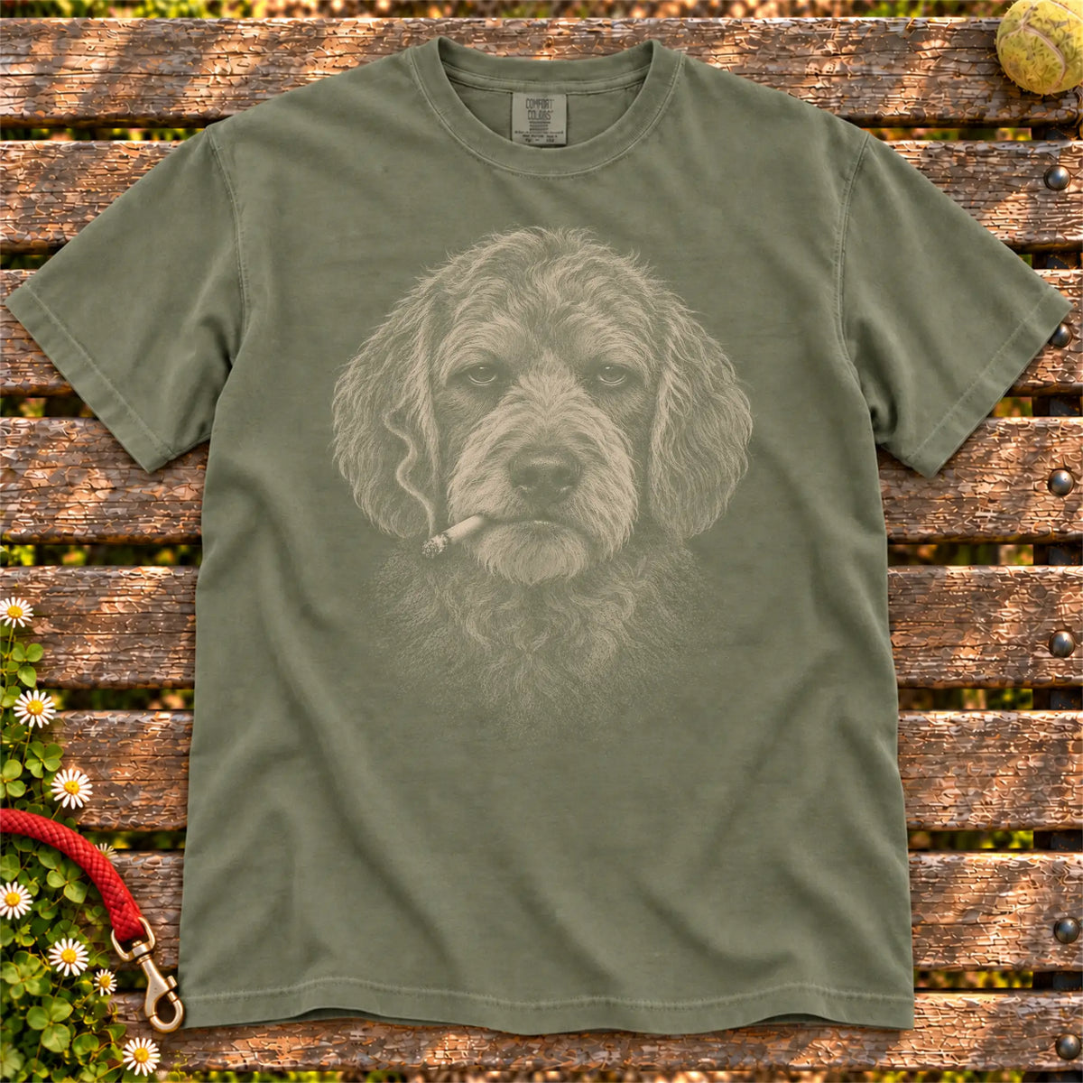 Goldendoodle smoking design on a Moss t-shirt