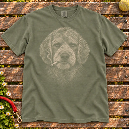 Goldendoodle smoking design on a Moss t-shirt