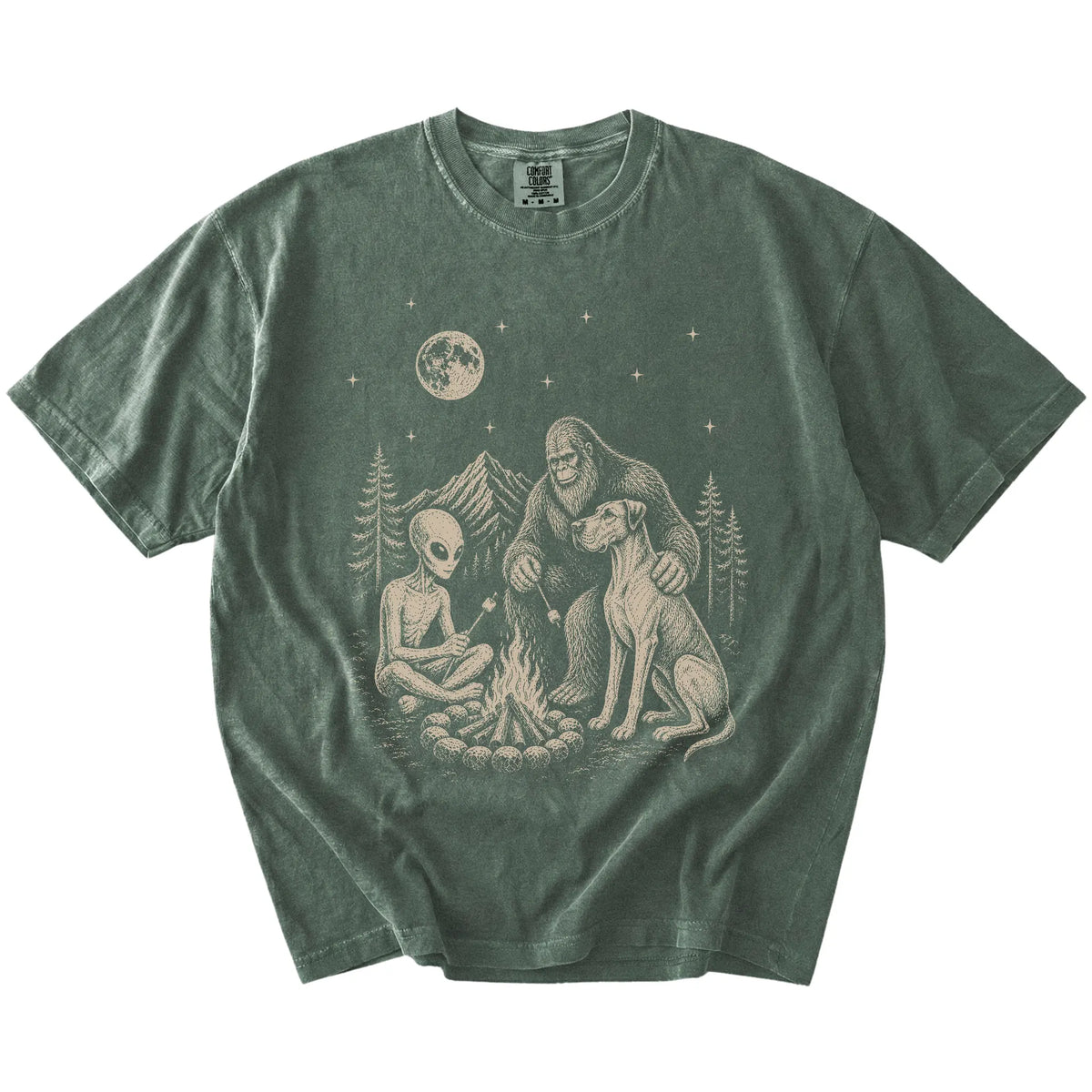 Great Dane camping with Bigfoot and an alien on a Moss Comfort Colors® T-shirt