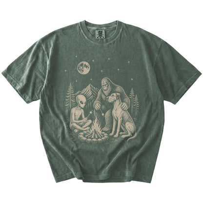 Great Dane camping with Bigfoot and an alien on a Moss Comfort Colors® T-shirt