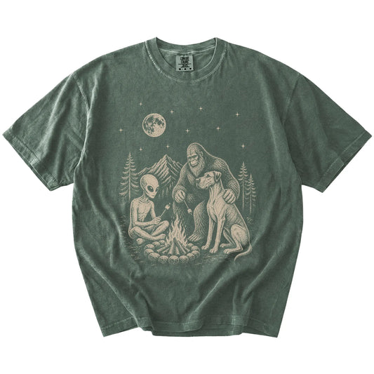 Great Dane camping with Bigfoot and an alien on a Moss Comfort Colors® T-shirt