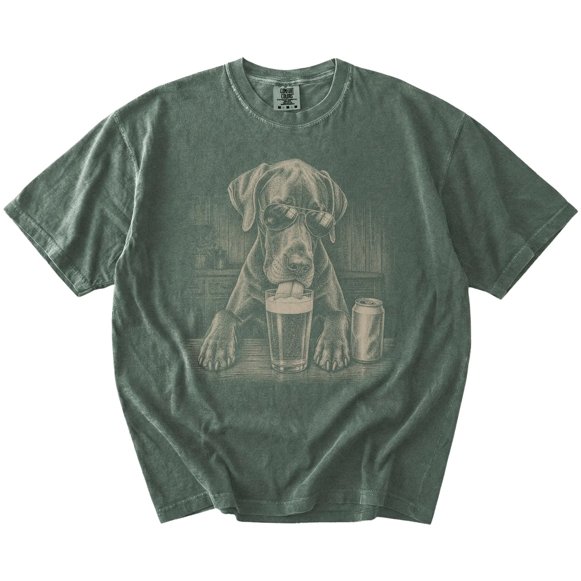 Great Dane sneaking a drink from a foamy pint at home on a Moss Comfort Colors® t-shirt