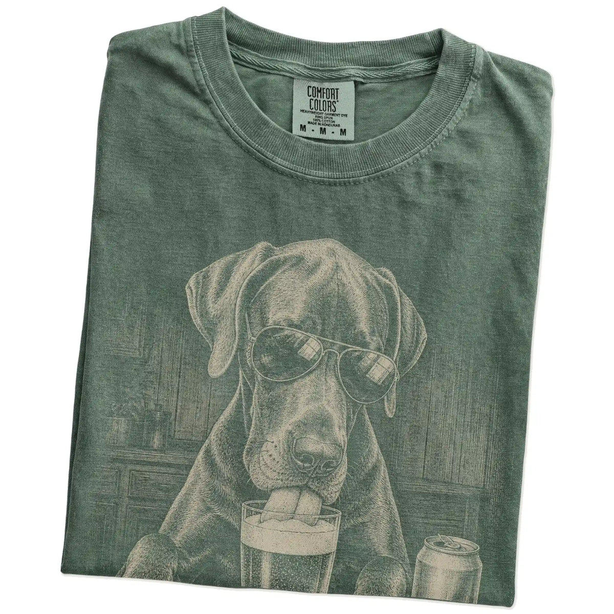 Folded Moss Comfort Colors® t-shirt showing Great Dane sneaking a drink from a pint