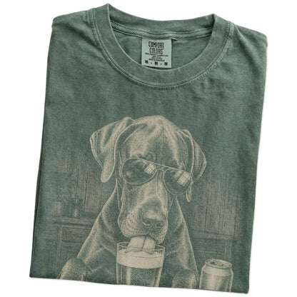 Folded Moss Comfort Colors® t-shirt showing Great Dane sneaking a drink from a pint