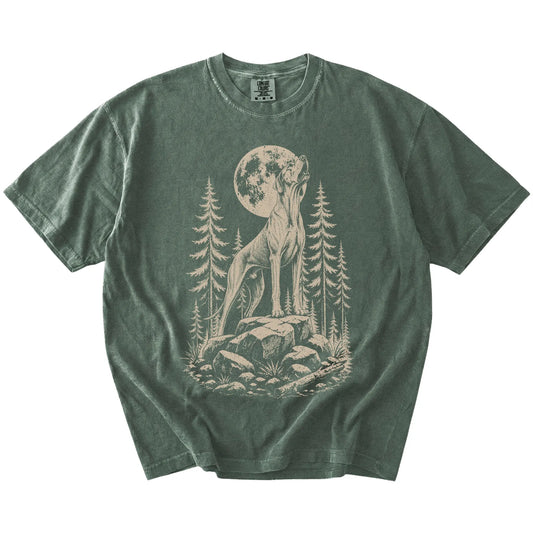 Great Dane howling beneath the moon and pine trees on a Moss Comfort Colors® T-shirt
