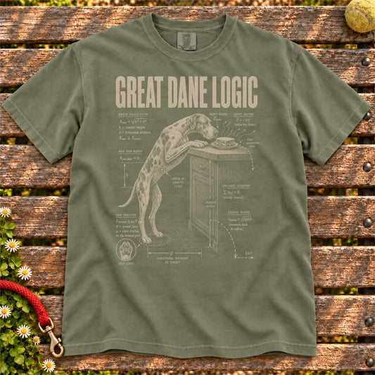 Great Dane Logic design on a Moss Comfort Colors T-shirt, shown flat