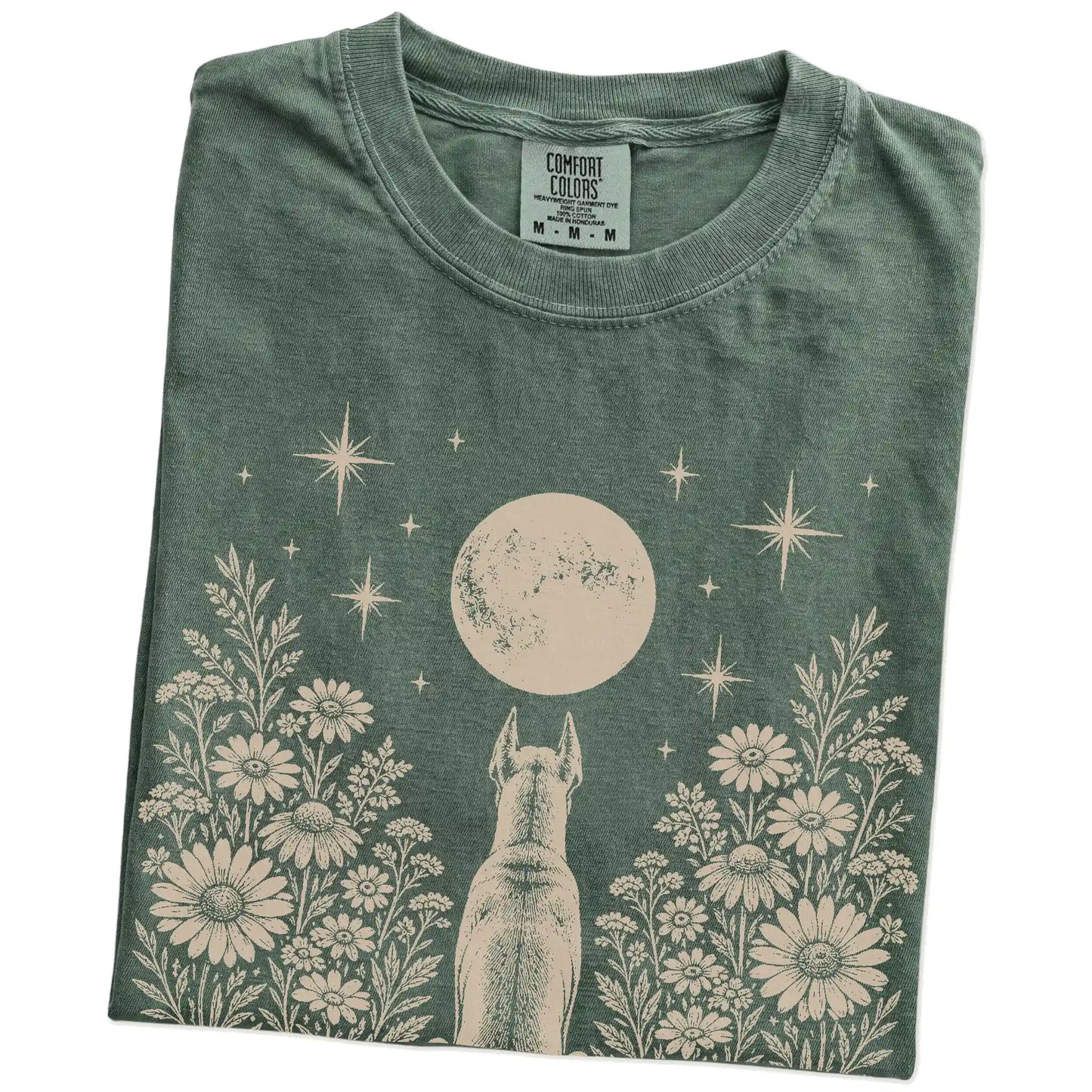 Folded Moss Comfort Colors® T-shirt showing Great Dane beneath a wildflower moon