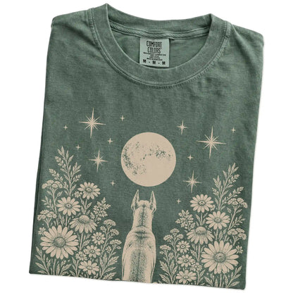Folded Moss Comfort Colors® T-shirt showing Great Dane beneath a wildflower moon