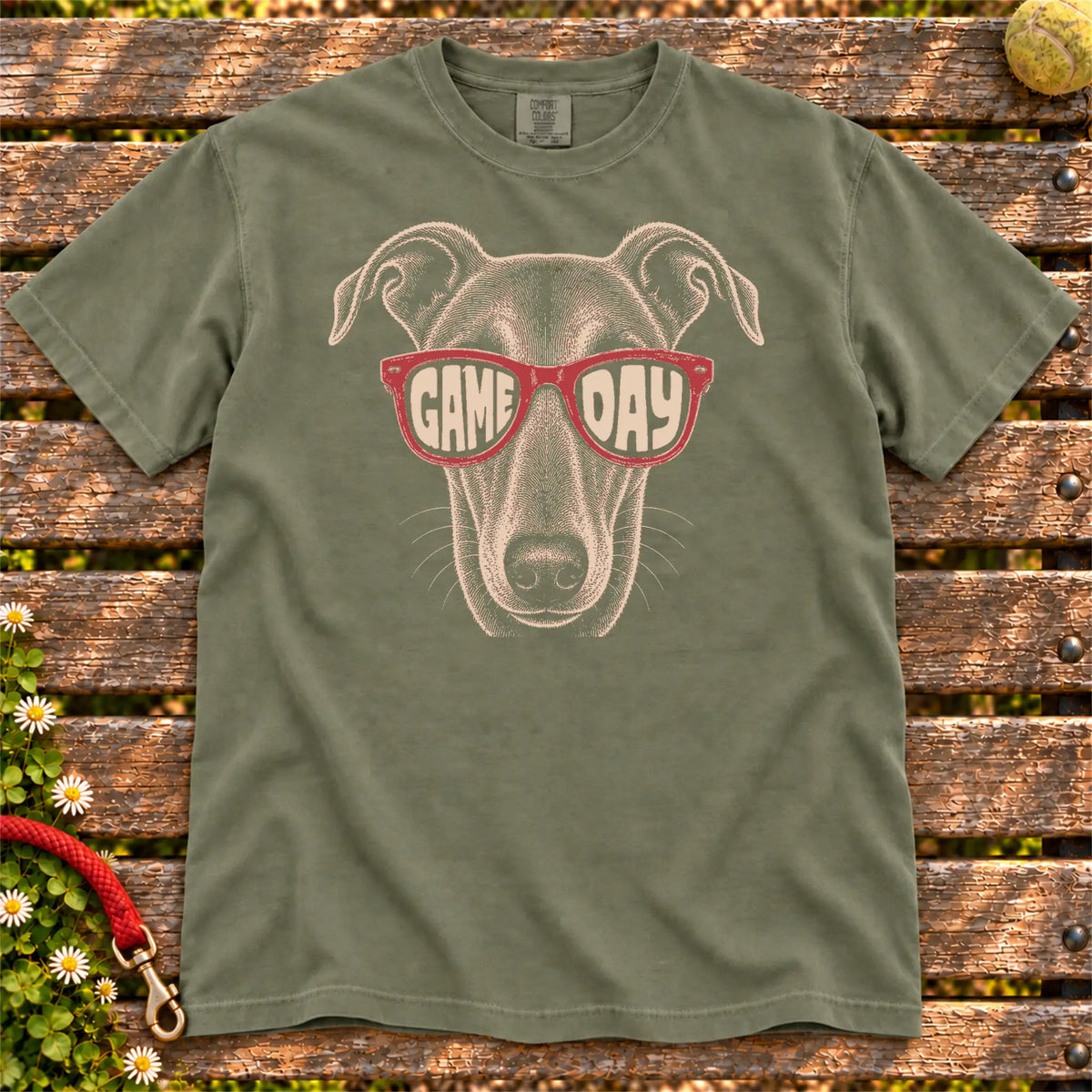 Greyhound Game Day design on a Moss Comfort Colors T-shirt, shown flat