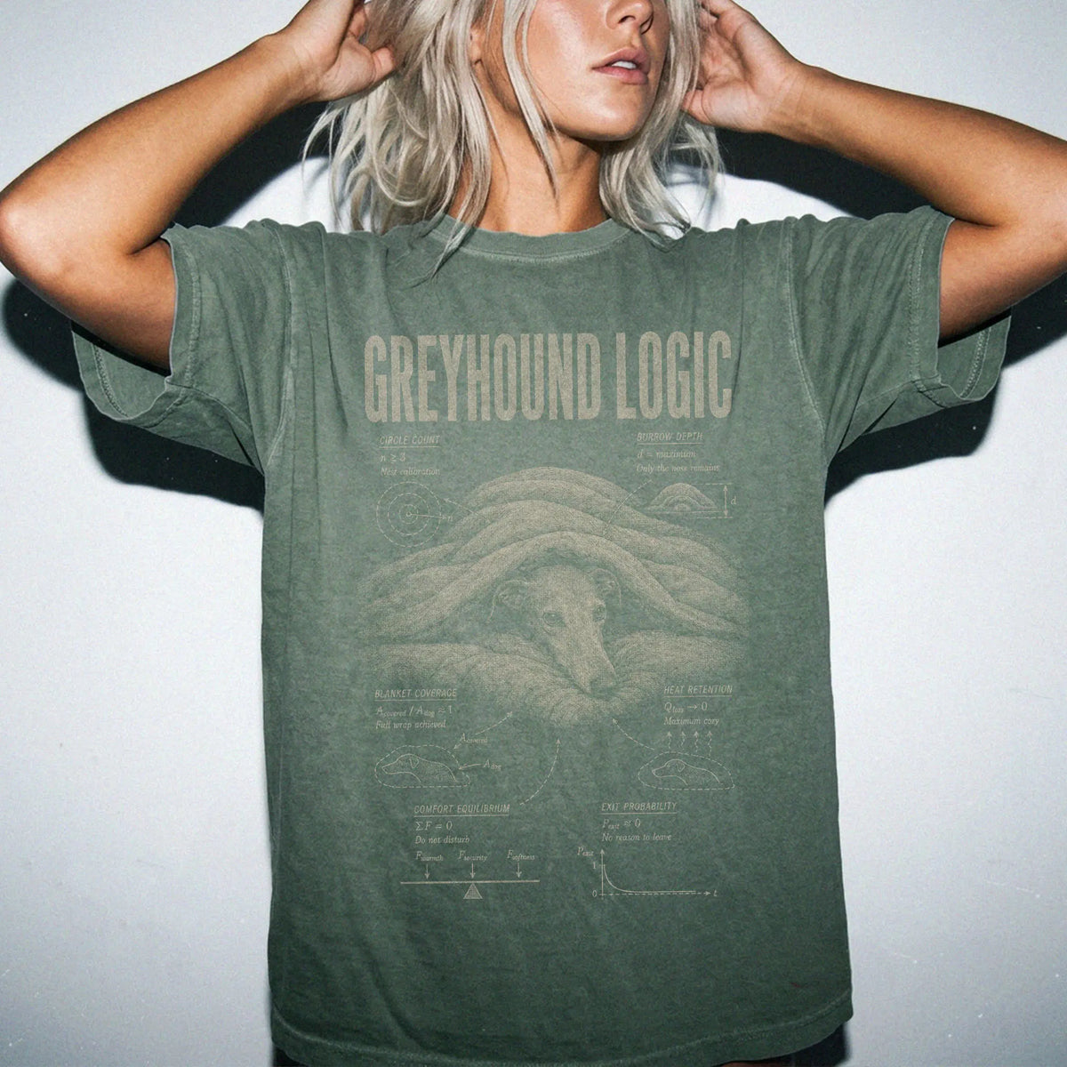 Woman wearing a Moss Greyhound Logic T-Shirt