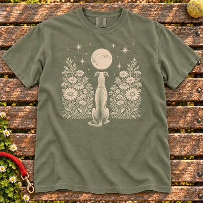 Greyhound Moon Garden on a Moss T-shirt, shown flat