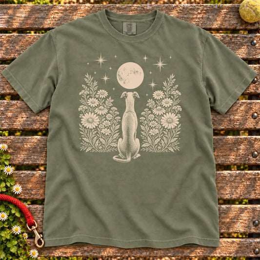 Greyhound Moon Garden on a Moss T-shirt, shown flat