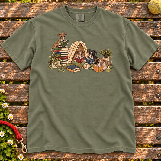Greyhound puppies reading books in a cozy blanket fort on a Moss T-shirt