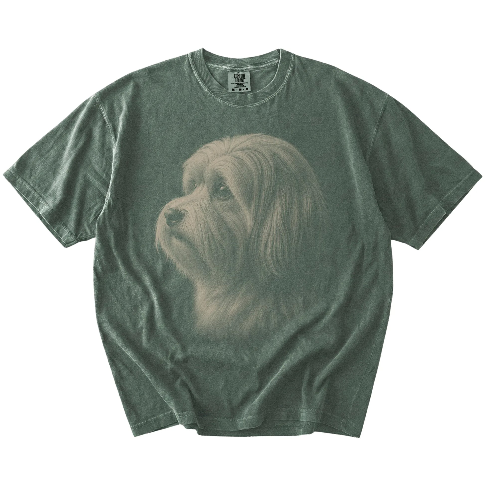 A detailed photographic portrait of a Havanese on a Moss Comfort Colors® T-shirt