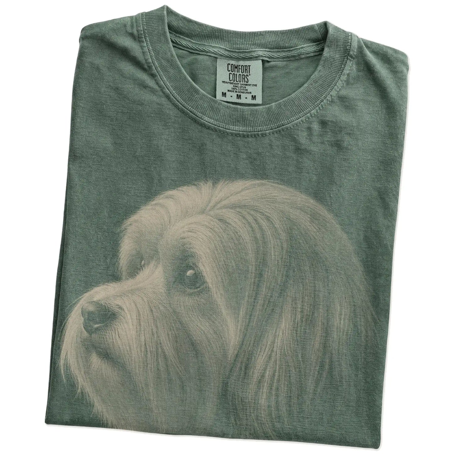 Folded Moss Comfort Colors® T-shirt showing a detailed photographic portrait of a Havanese