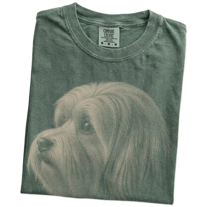 Folded Moss Comfort Colors® T-shirt showing a detailed photographic portrait of a Havanese