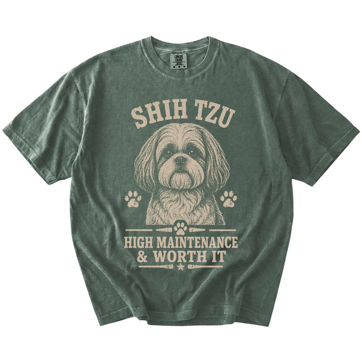 Shih Tzu design with “High Maintenance & Worth It” lettering on a Moss Comfort Colors® T-shirt