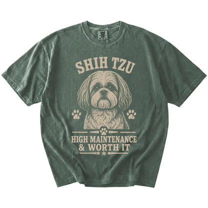 Shih Tzu design with “High Maintenance & Worth It” lettering on a Moss Comfort Colors® T-shirt