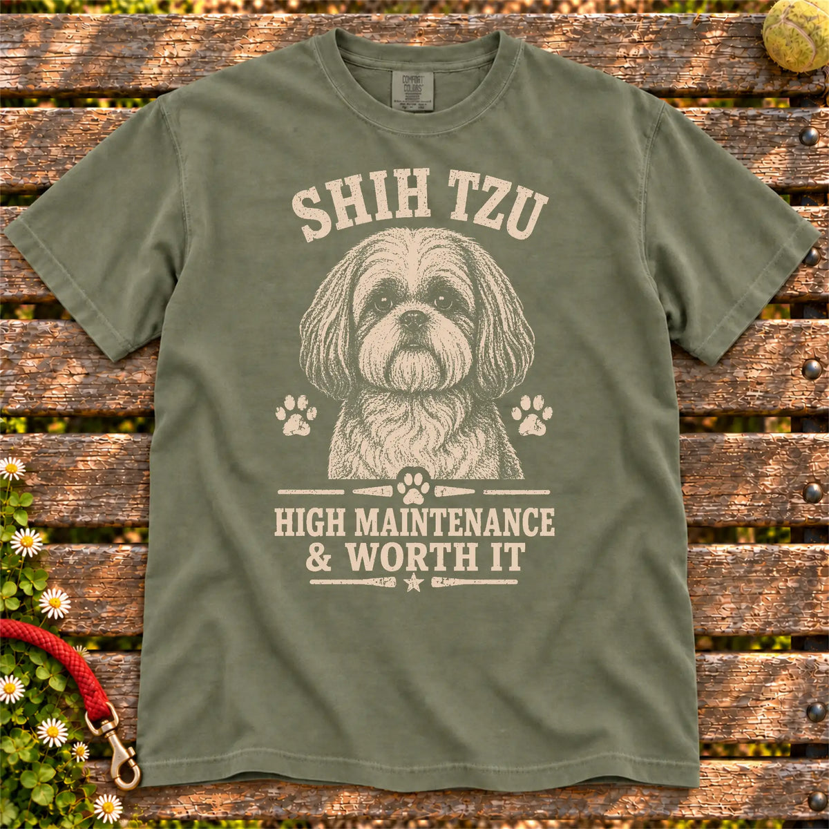 Shih Tzu design with “High Maintenance & Worth It” lettering on a Moss Comfort Colors® T-shirt