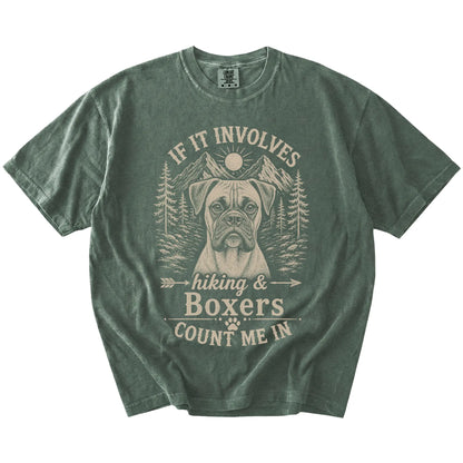 Boxer hiking design with mountain scenery on a Moss Comfort Colors® T-shirt