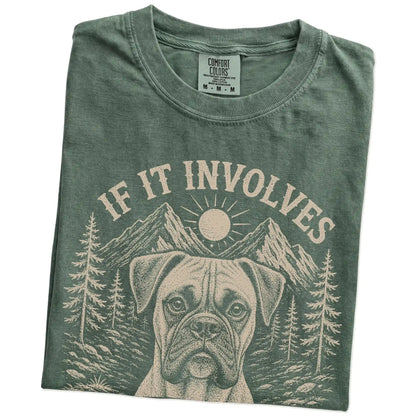 Folded Moss Comfort Colors® T-shirt showing Boxer hiking design with mountain scenery