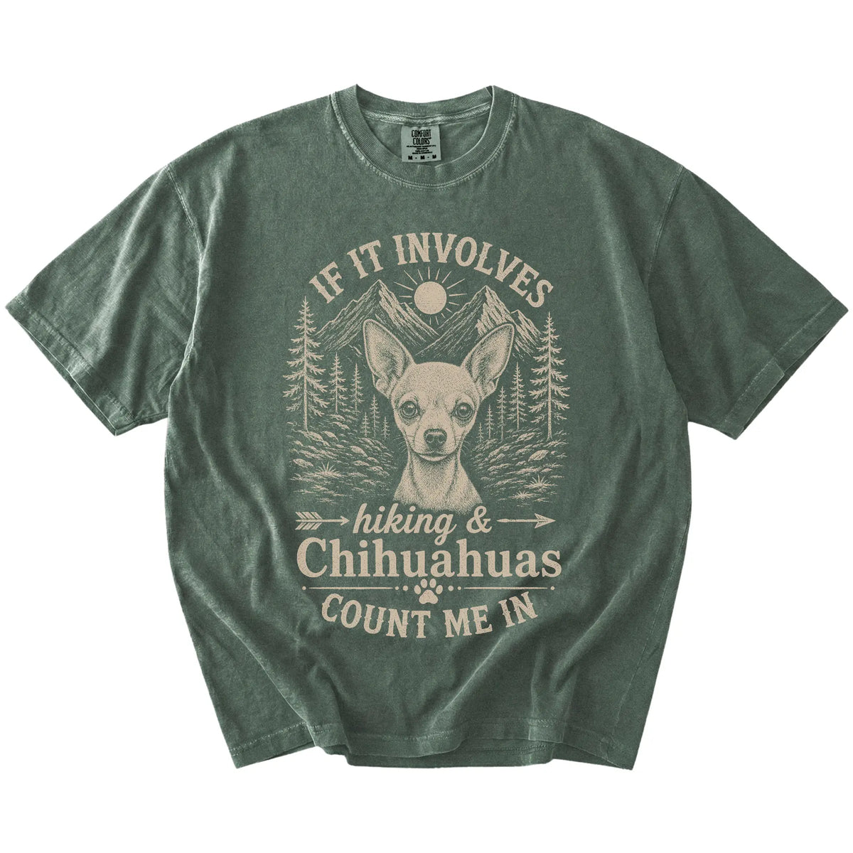 Chihuahua hiking design with mountain scenery on a Moss Comfort Colors® T-shirt