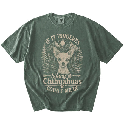 Chihuahua hiking design with mountain scenery on a Moss Comfort Colors® T-shirt