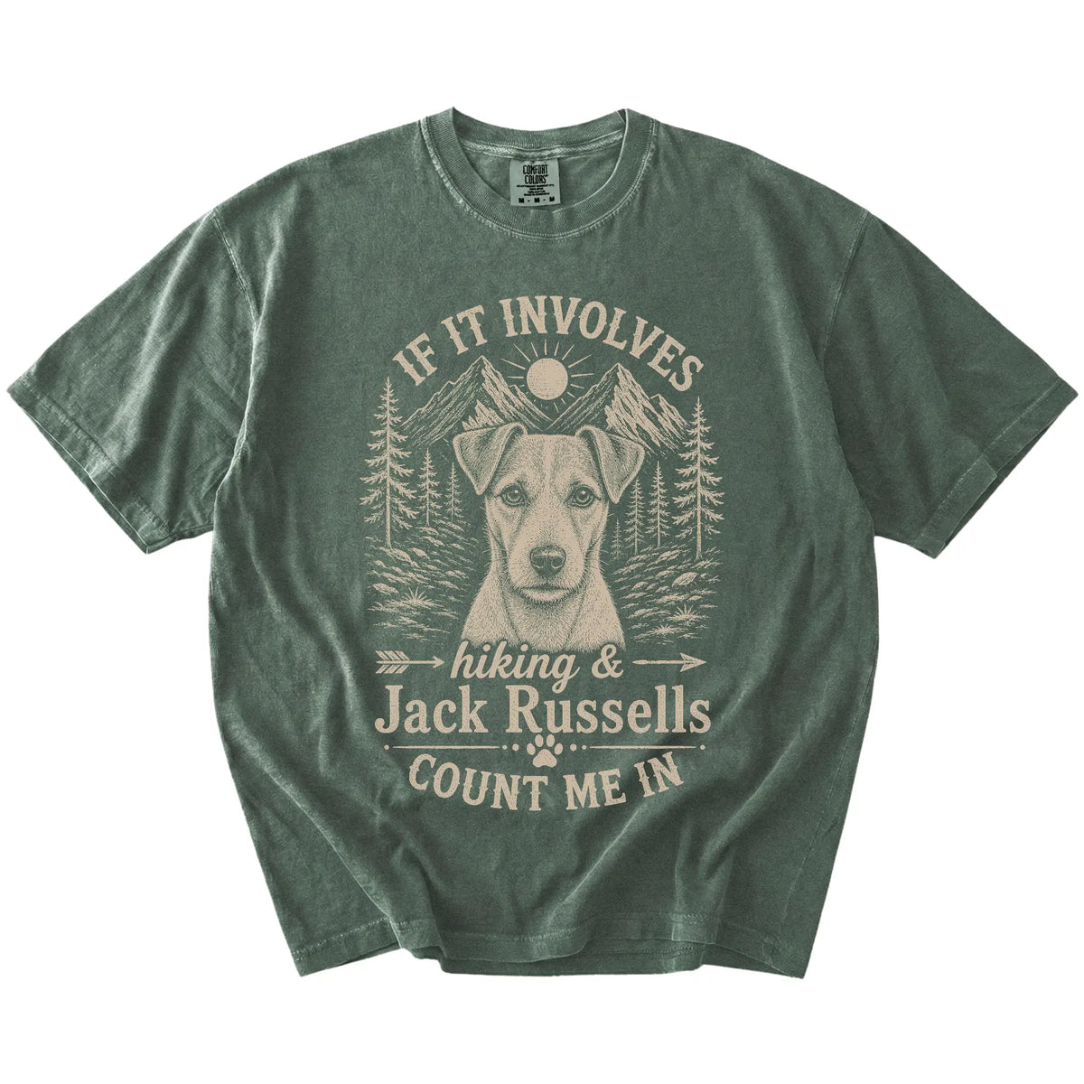 Jack Russell hiking design with mountain scenery on a Moss Comfort Colors® T-shirt