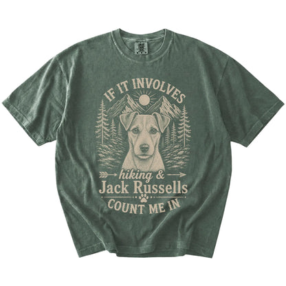 Jack Russell hiking design with mountain scenery on a Moss Comfort Colors® T-shirt