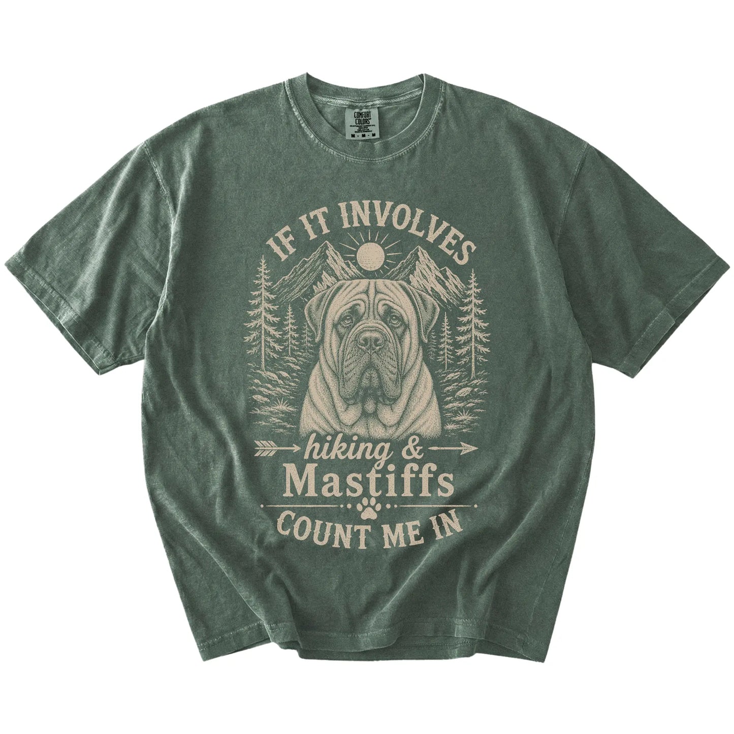Mastiff hiking design with mountain scenery on a Moss Comfort Colors® T-shirt