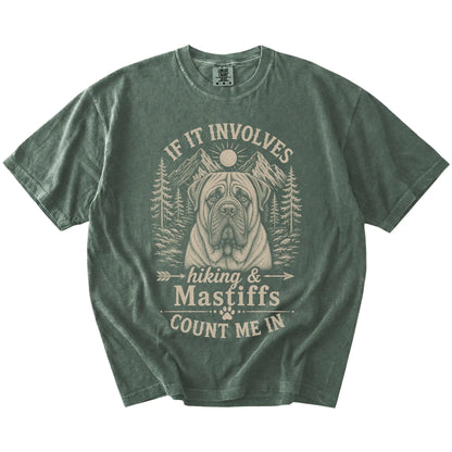 Mastiff hiking design with mountain scenery on a Moss Comfort Colors® T-shirt